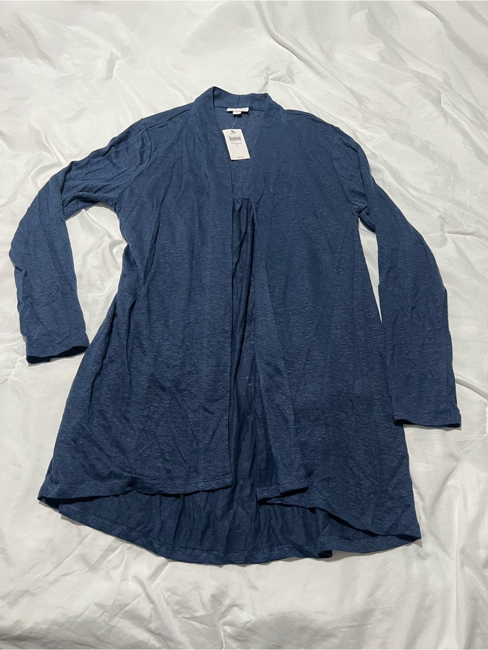 NWT J.Jill 100% Linen Indigo Blue Lightweight Open Front Long Cardigan SZ Small